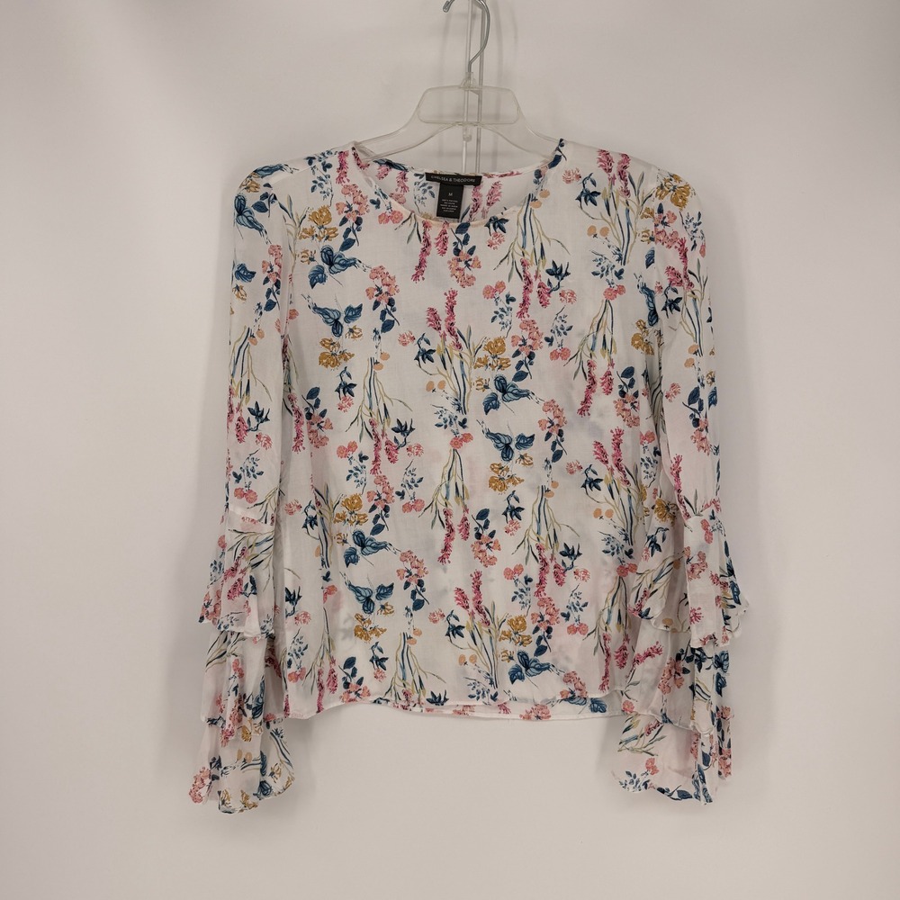 Chelsea & Theodore Blouse W M White Floral Ruffle Bell Sleeve Boho Cottagecore